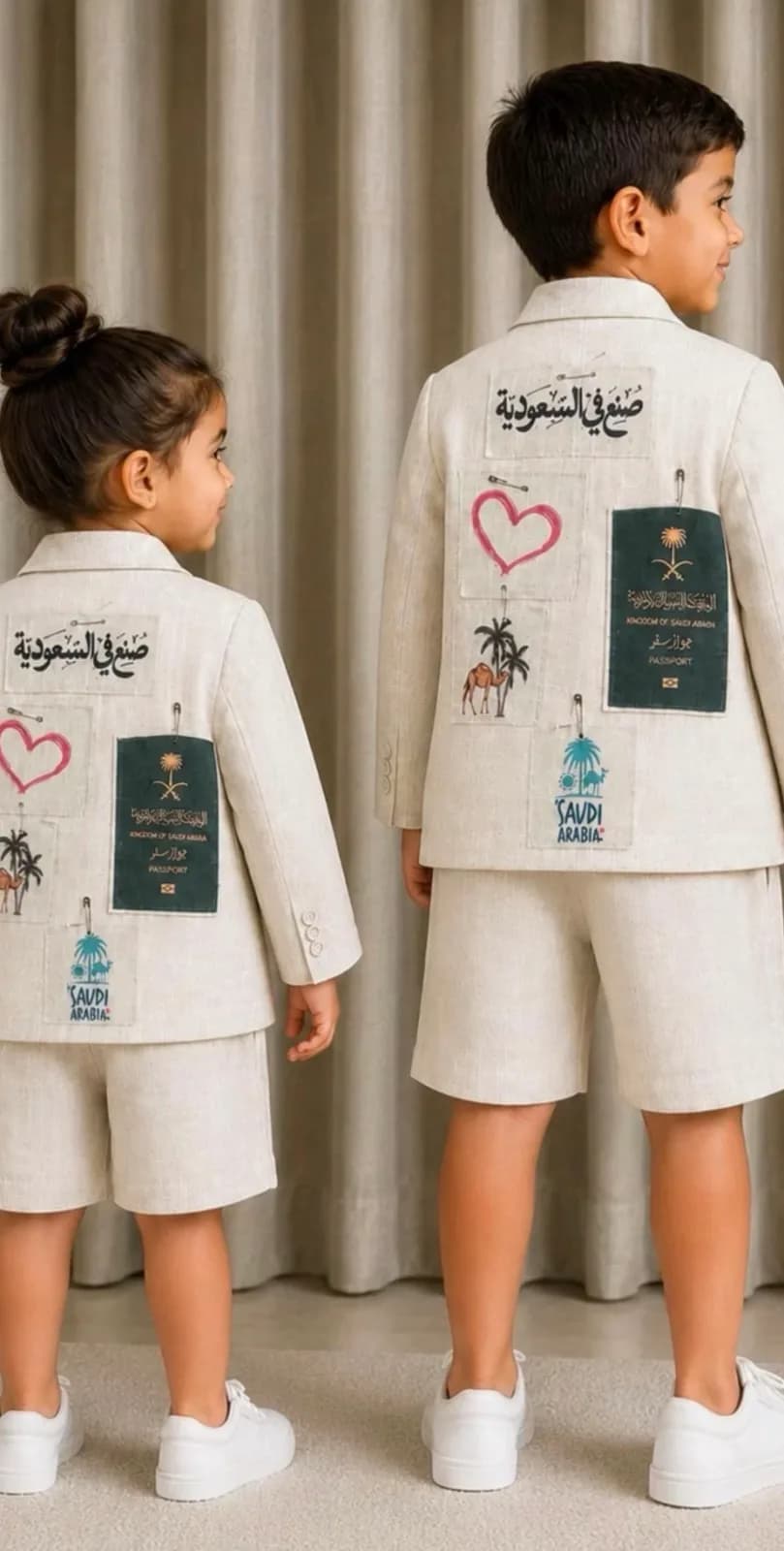صورة طقم أطفال اليوم الوطني جاكيت وشورت كتان